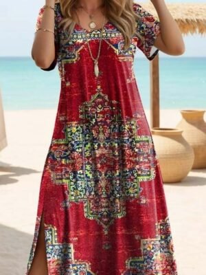 Vintage Regular Fit Bohemian Crew Neck Short Sleeve Maxi Dress - Image 3
