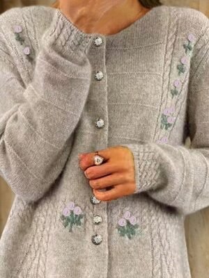 Vintage Regular Fit Cable Knit Crew Neck Long Sleeve Cardigan - Image 2