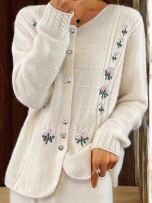 Vintage Regular Fit Cable Knit Crew Neck Long Sleeve Cardigan - Image 4