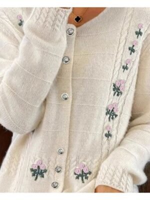 Vintage Regular Fit Cable Knit Crew Neck Long Sleeve Cardigan - Image 5