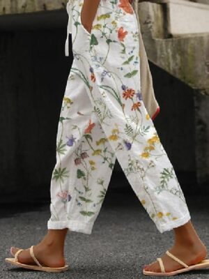 Vintage Regular Fit Floral Ankle-Length Drawstring Pants - Image 3