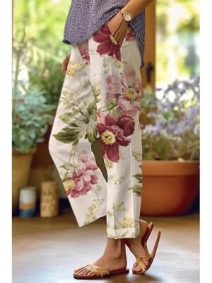 Vintage Regular Fit Floral Ankle-Length Drawstring Pants - Image 9