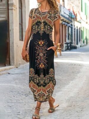Vintage Regular Fit Floral Crew Neck Short Sleeve Maxi Dress - Image 1