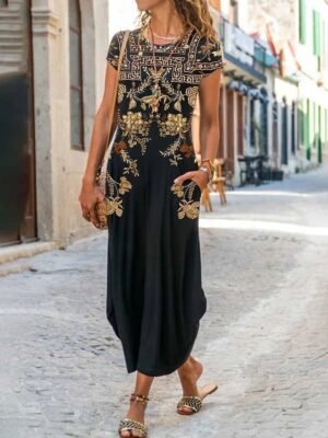 Vintage Regular Fit Floral Crew Neck Short Sleeve Maxi Dress - Image 2