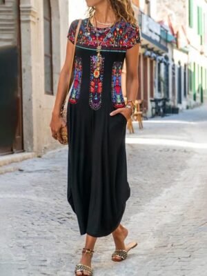 Vintage Regular Fit Floral Crew Neck Short Sleeve Maxi Dress - Image 3