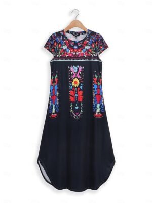 Vintage Regular Fit Floral Crew Neck Short Sleeve Maxi Dress - Image 4