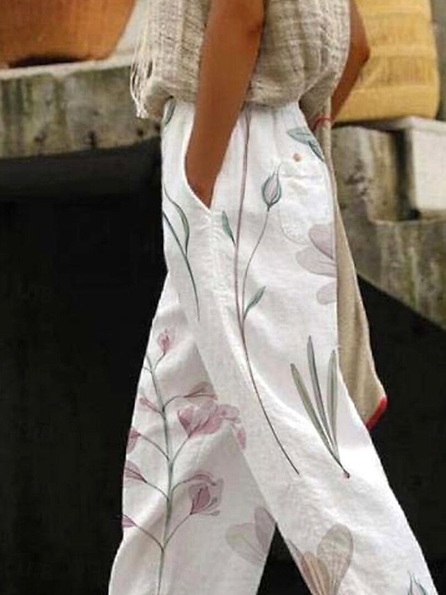 Vintage Regular Fit Floral High Waist Full Length Pants - Image 2