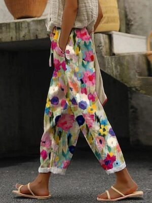 Vintage Regular Fit Floral High Waist Full Length Pants - Image 4