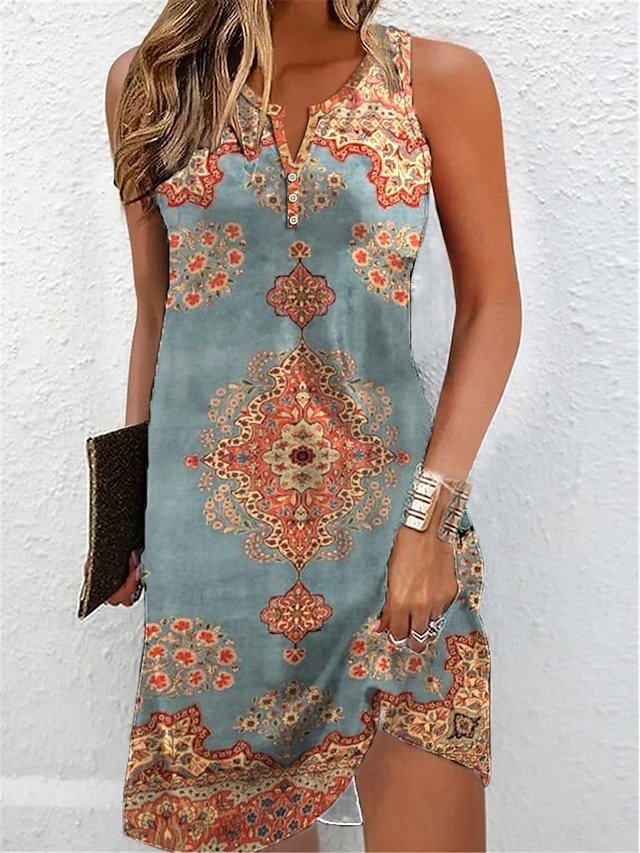 Vintage Regular Fit Floral Split Neck Sleeveless Mini Sundress - Image 1