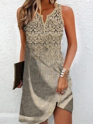 Vintage Regular Fit Floral Split Neck Sleeveless Mini Dress - Image 2