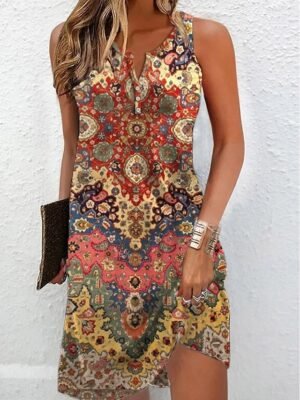 Vintage Regular Fit Floral Split Neck Sleeveless Mini Sundress - Image 3