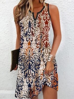 Vintage Regular Fit Floral Split Neck Sleeveless Mini Dress - Image 3