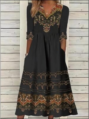 Vintage Regular Fit Floral Tribal Split Neck Half Sleeve Midi Dress - Image 1