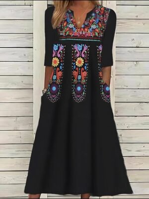Vintage Regular Fit Floral Tribal Split Neck Half Sleeve Midi Dress - Image 4
