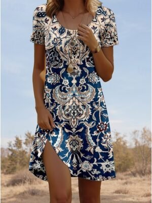 Vintage Regular Fit Geometric Crew Neck Short Sleeve Mini Dress - Image 1