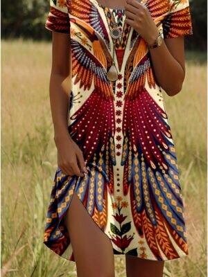 Vintage Regular Fit Geometric Crew Neck Short Sleeve Mini Dress - Image 10