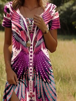 Vintage Regular Fit Geometric Crew Neck Short Sleeve Mini Dress - Image 12