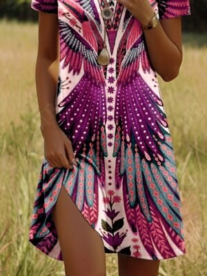 Vintage Regular Fit Geometric Crew Neck Short Sleeve Mini Dress - Image 13