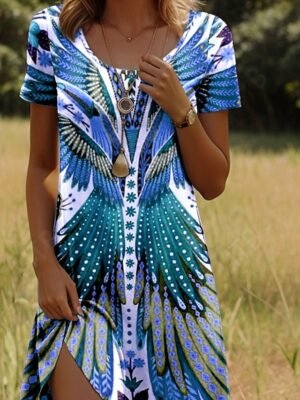 Vintage Regular Fit Geometric Crew Neck Short Sleeve Mini Dress - Image 15