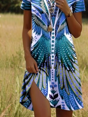 Vintage Regular Fit Geometric Crew Neck Short Sleeve Mini Dress - Image 16