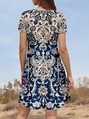 Vintage Regular Fit Geometric Crew Neck Short Sleeve Mini Dress - Image 2