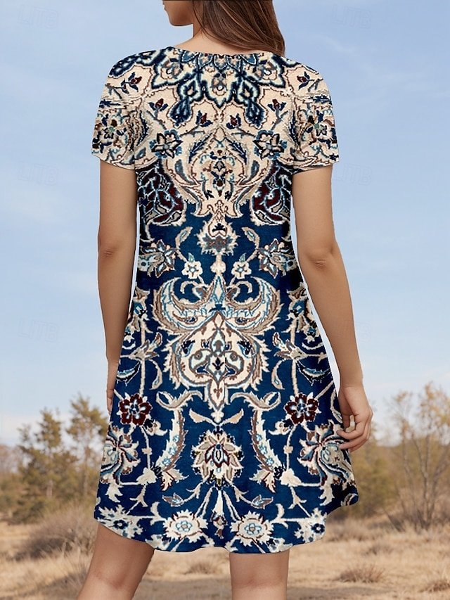 Vintage Regular Fit Geometric Crew Neck Short Sleeve Mini Dress - Image 2