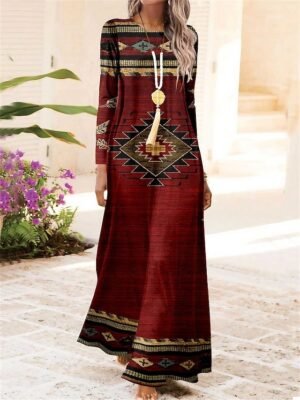 Vintage Regular Fit Geometric Crew Neck Long Sleeve Maxi Dress - Image 2
