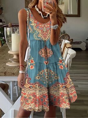 Vintage Regular Fit Geometric Crew Neck Short Sleeve Mini Dress - Image 20