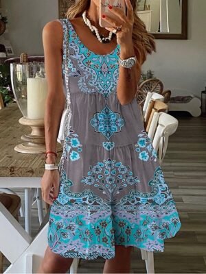 Vintage Regular Fit Geometric Crew Neck Short Sleeve Mini Dress - Image 21