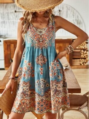 Vintage Regular Fit Geometric Crew Neck Short Sleeve Mini Dress - Image 24