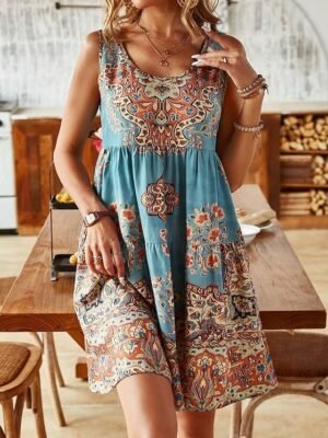 Vintage Regular Fit Geometric Crew Neck Short Sleeve Mini Dress - Image 25