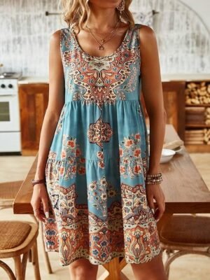 Vintage Regular Fit Geometric Crew Neck Short Sleeve Mini Dress - Image 26