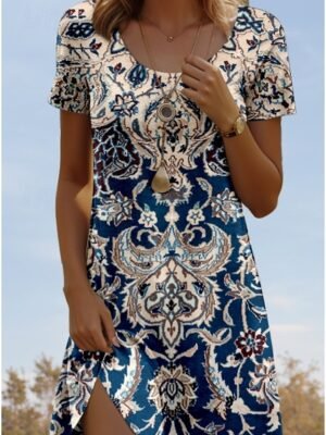 Vintage Regular Fit Geometric Crew Neck Short Sleeve Mini Dress - Image 3