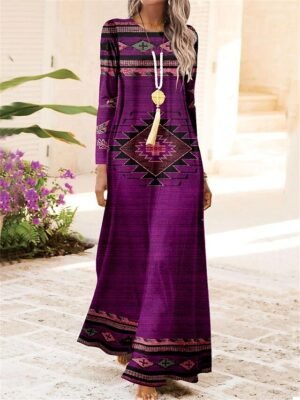 Vintage Regular Fit Geometric Crew Neck Long Sleeve Maxi Dress - Image 3