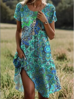 Vintage Regular Fit Geometric Crew Neck Short Sleeve Mini Dress - Image 37