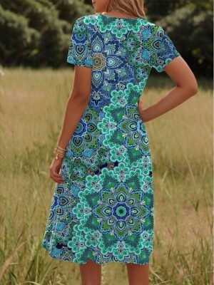 Vintage Regular Fit Geometric Crew Neck Short Sleeve Mini Dress - Image 38
