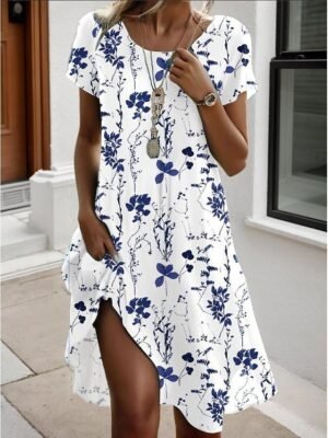 Vintage Regular Fit Geometric Crew Neck Short Sleeve Mini Dress - Image 39