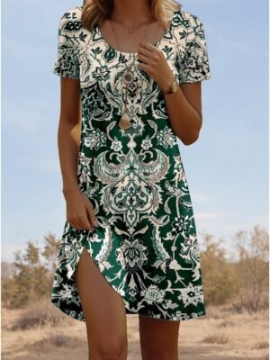 Vintage Regular Fit Geometric Crew Neck Short Sleeve Mini Dress - Image 4