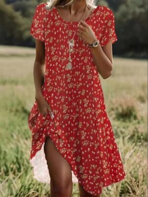 Vintage Regular Fit Geometric Crew Neck Short Sleeve Mini Dress - Image 42