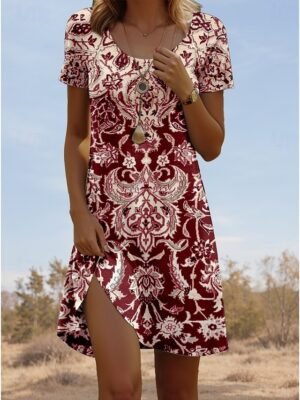 Vintage Regular Fit Geometric Crew Neck Short Sleeve Mini Dress - Image 5