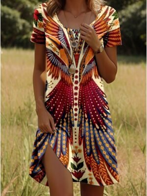 Vintage Regular Fit Geometric Crew Neck Short Sleeve Mini Dress - Image 7