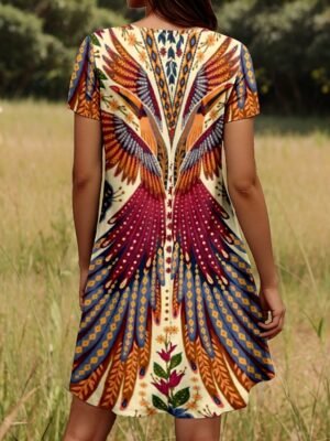 Vintage Regular Fit Geometric Crew Neck Short Sleeve Mini Dress - Image 8