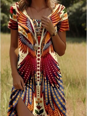 Vintage Regular Fit Geometric Crew Neck Short Sleeve Mini Dress - Image 9