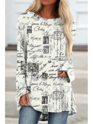 Vintage Regular Fit Geometric Floral Round Neck Long Sleeve Tunic - Image 1