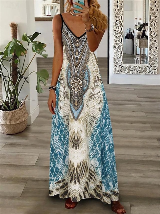 Vintage Regular Fit Geometric V Neck Sleeveless Maxi Dress - Image 1
