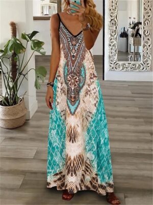 Vintage Regular Fit Geometric V Neck Sleeveless Maxi Dress - Image 2