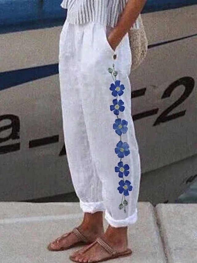 Vintage Regular Fit Heart Floral Butterfly Full Length Casual Pants - Image 4