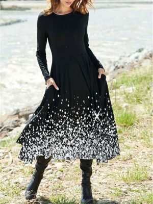 Vintage Regular Fit Ombre Floral Crew Neck Long Sleeve Midi Dress - Image 1