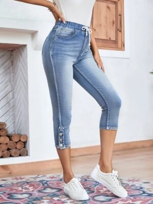 Vintage Regular Fit Plain High Waist Calf-Length Chinos - Image 3