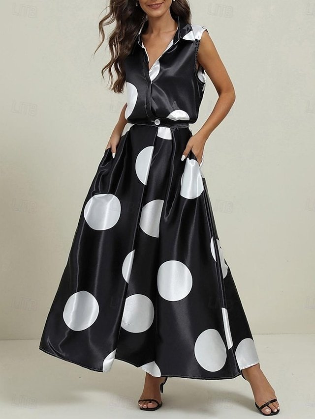 Vintage Regular Fit Polka Dot Shirt Collar Sleeveless Maxi Dress - Image 1